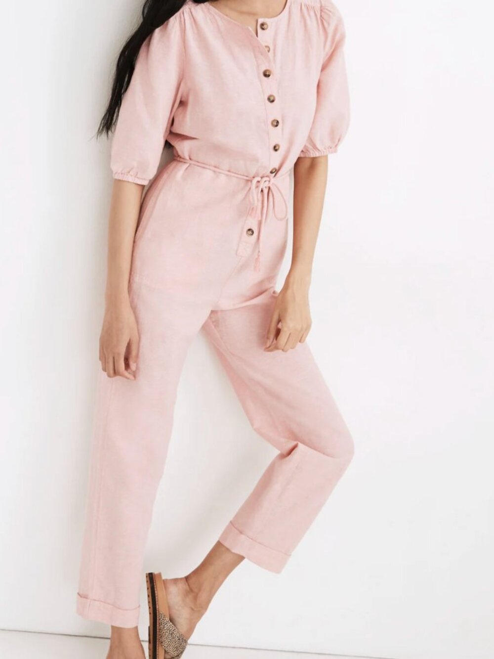 Linen-Blend Puff-Sleeve Tassel-Tie Jumpsuit - Madewell - Pink